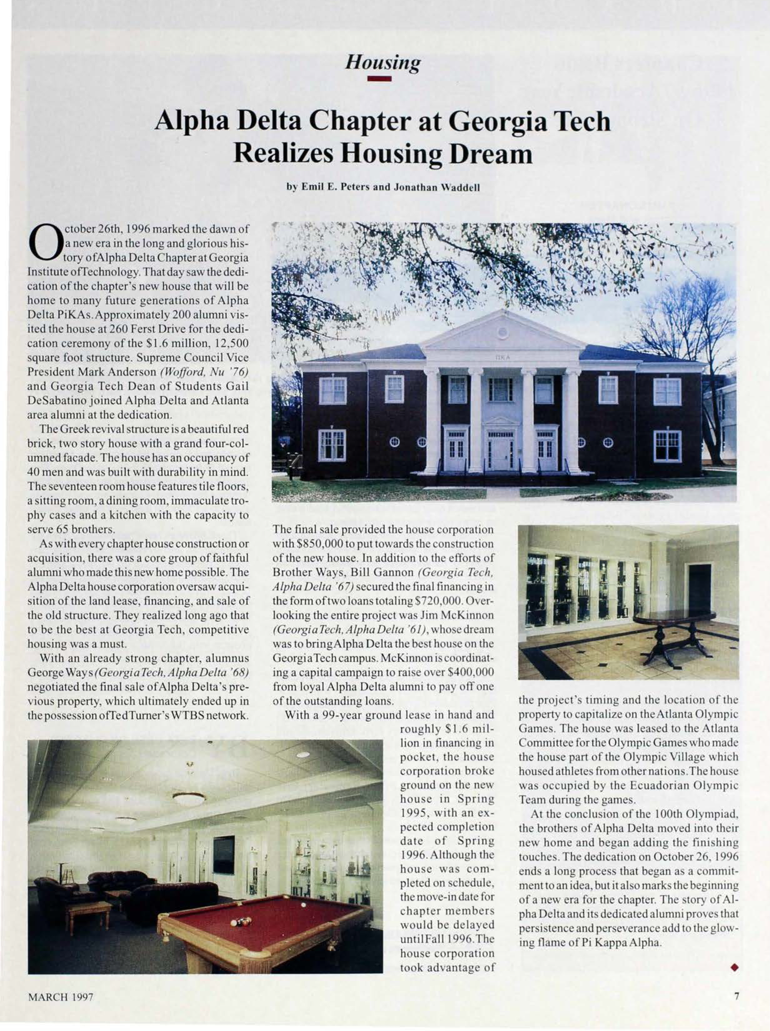 Housing: Alpha Delta Chapter at Georgia Tech Realizes Housing Dream